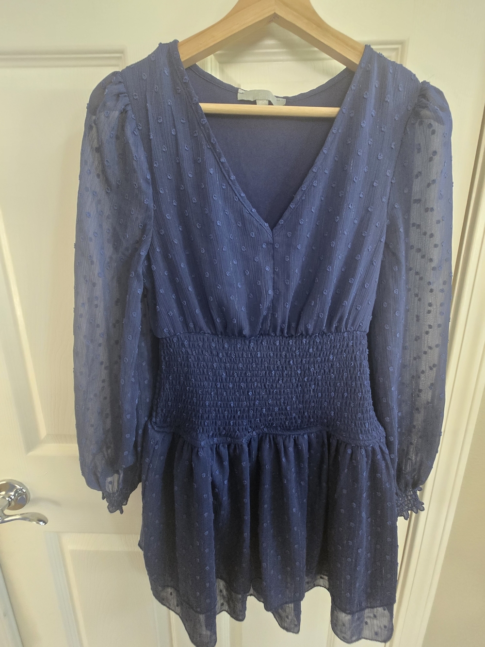 JGEE Petite Small Navy Blue Dot Textured V-Neck Smock Drop Waist Dress- SP
